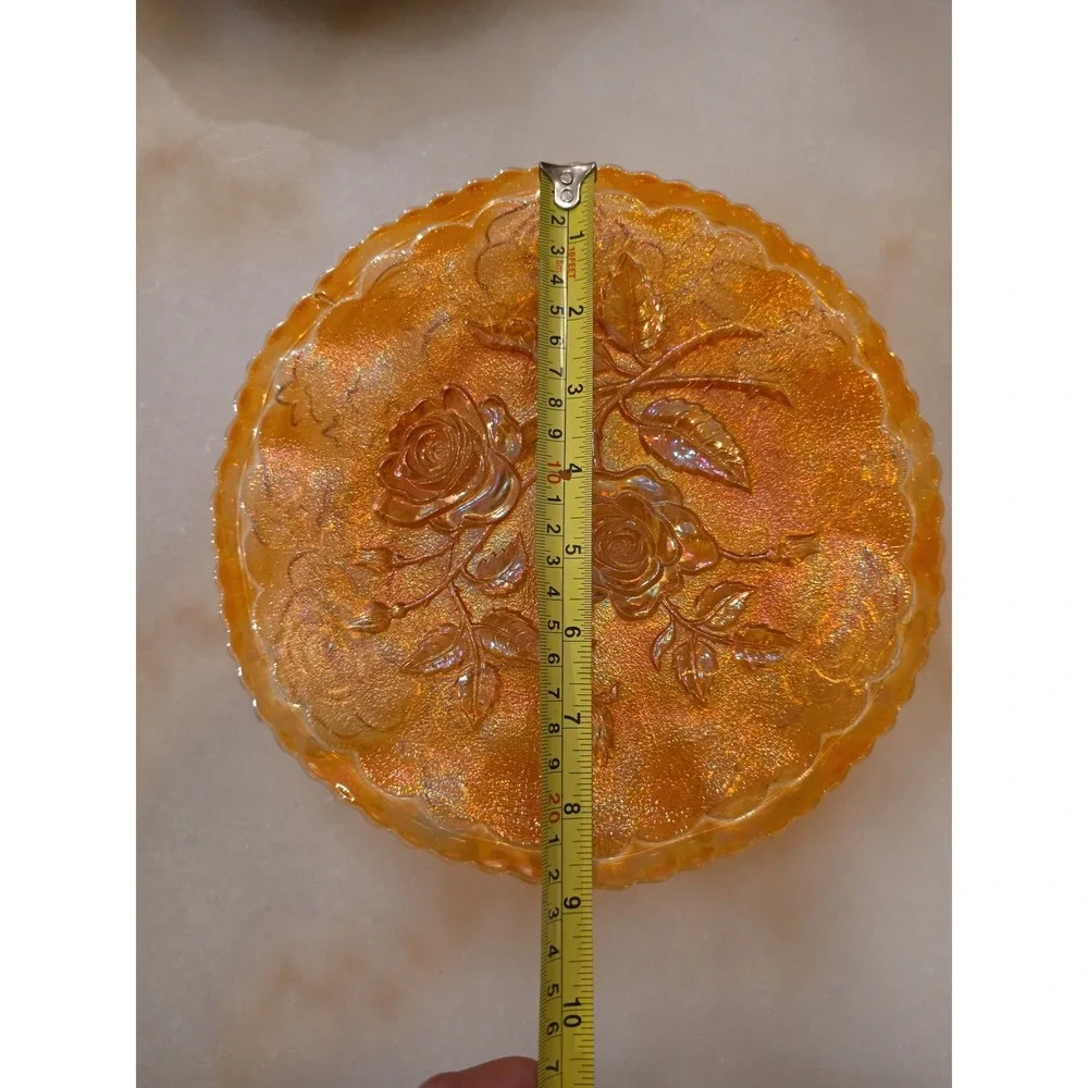 Vintage Carnival Glass Marigold Orange Iridescent Rose Plate and Ruffled Bowl
